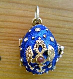 Beautiful Russian Miniature Blue Enamel Egg w/ Crown Inside  