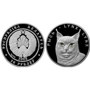  Belarus 2008 20 Rubles Lynx   1oz Silver Proof Coin with 