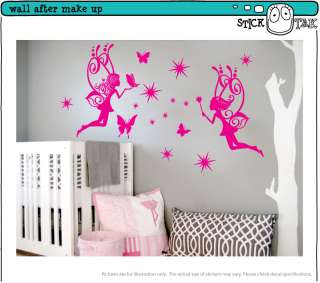 Large Fairy 2x Butterflies Stars Vinyl Sticker Wall Art Decal  