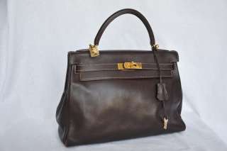 HERMES Brown & GOLD Hardware EVERGRAIN KELLY 32 Handle Satchel Bag 