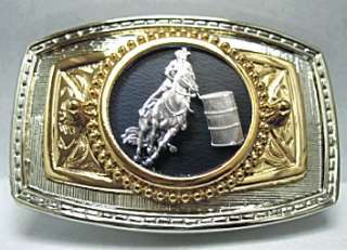 BARREL RACER RACING WESTERN BELT BUCKLE RODEO GOLD/SILVER Made in 