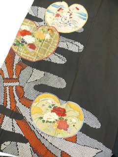 Antique Black Silk Tomesode w/Crests, Kiku, Emb A559  