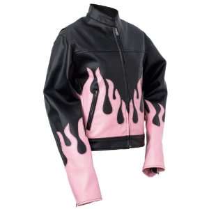 Ladies Womens Faux Leather Black and Pink Flame Motorcycle Jacket 