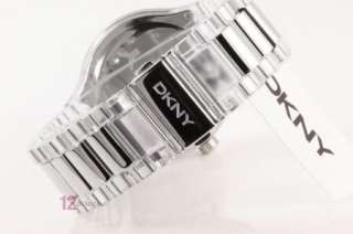 New DKNY Ladies Watch NY8167 Clear Plastic White Dial Logo Stainless 