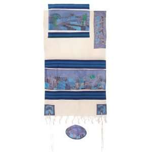  Jerusalem Dove in Blue Cotton and Silk Tallit Prayer Shawl 