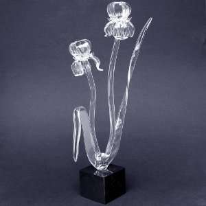  Hand Blown Glass Iris Crystal and Black Marble Sculpture 