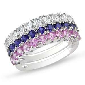 Sterling Silver 3 CT TGW Created Blue, Pink and White Sapphire Rings 