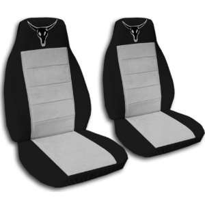   cover for top and bottom. Black, silver seat covers with a cow skull