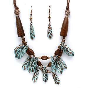 Bohemian Style Brown and Turquoise/blue Wooden Necklace and Earring 