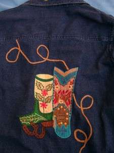 WESTERN DENIM JEANS JACKET COLORFUL BOOT APPLIQUES NWT  