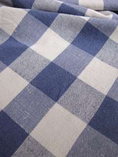 Vintage French linen cotton blue check fabric heavy  