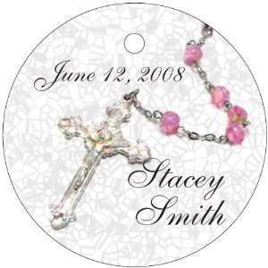  Favors Pink Rosary Design Circle Shaped Personalized Thank You Tags 