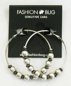 New Fashion Bug Beaded Silver Colored Metal Hoop Pierced Earrings 
