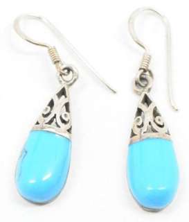   Sterling Silver and Natural Blue Stone Teardrop Earrings with Filigree