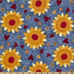   Folk Art Sunflowers Blue Fabric By The Yard Arts, Crafts & Sewing