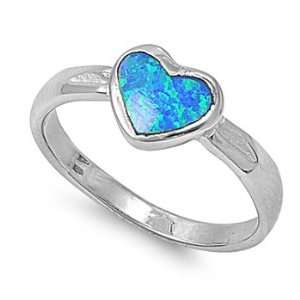 Sterling Silver Ring in Lab Opal   Heart   Ring Face Height 8mm, Size 