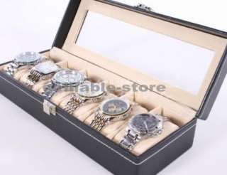 New Black Leather 6 Grid Watch Display Box Show Case Jewelry Storage 