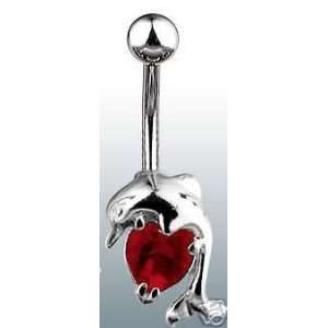  Dolphin Holding Red Gem Heart 14g Navel Ring: Everything 