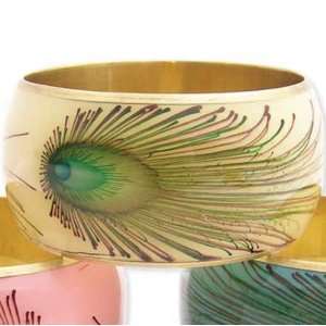  White Enamel Peacock Feather Print Bangle: Nature Jewelry 
