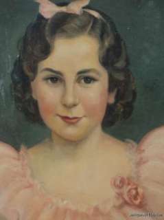 VINTAGE Portrait 1930s Art Deco Young GIRL In Pink Original Oil 