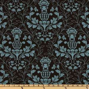  44 Wide City Blooms Damask Blue/Chocolate Fabric By The 