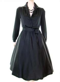 VTG 70s Black Jersey Shirtwaist Day Dinner Dress M/L  