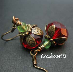 Red Cherry Glass Beaded Antique Brass Costume Earrings  