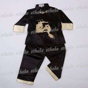 Kids Chinese Dragon Kung Fu Shirt Pants Set Black 656I  