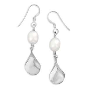   Wire Earrings with Cultured Freshwater Pearl and Polished Twist Drop