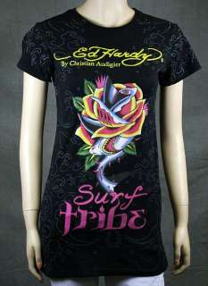 ED Hardy Womens Surf Tribe Shark Rose Black T Shirt M  