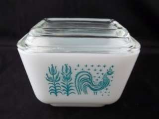 Pyrex White Glass Refrigerator Dish Blue Rooster Corn Design  