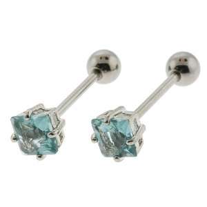 Tongue Barbell with Light Blue, Square Shaped CZ, 4 Prong Set, 8mm Gem 