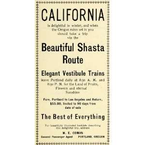   Ad Shasta Route Train Railway Portland W. E. Coman   Original Print Ad