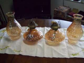 Hexoptic Amber Colored Glass Hurricane Oil Lamps  