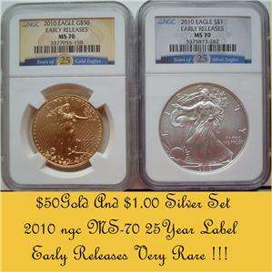 SET 2010 GOLD & SILVER EAGLE 25TH YEAR NGC MS 70 ER  
