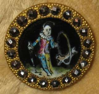 Antique French Figural Enamel Button Cat Jumping Through a Hoop at the 