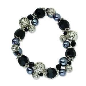  Silver Tone Jet Black Beaded Stretch Bracelet Jewelry