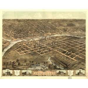    1868 birds eye map of city of Des Moines, Iowa