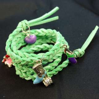 Green Velvet Rope Braid Leather Charm Pendant Bracelets  