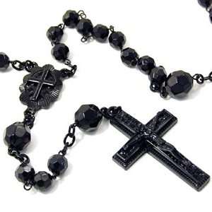    Black Coated Long Chain and Crystal Beaded Rosary Necklace Jewelry