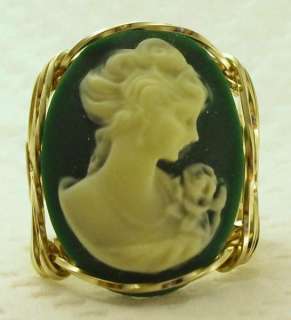 R396 Fine Lady Rose Large Cameo Ring 14k Gold gf Green  