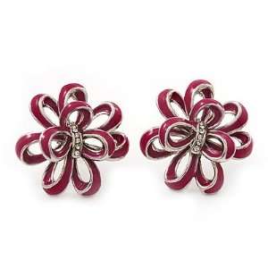 : Pink Enamel Dimensional Floral Stud Earrings In Silver Plated Metal 