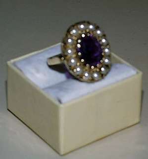 Exquisite Lady’s Lrg Amethyst Seed Pearl 14K Gold Ring  