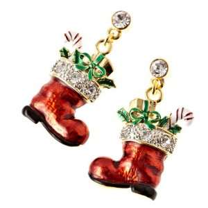   Red Sock Presents Gold Tone Holiday Crystal Charm Earrings Jewelry