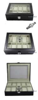10 Grids Black Leather Watch Display Case Square Box Storage Jewelry 
