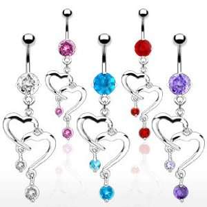 Fancy Belly Ring with Tanzanite Cubic Zirconia and Double Heart Dangle 