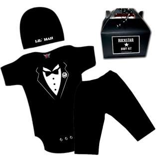   with tuxedo image black pants black lil man beanie plain black beanie