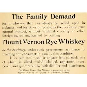 1895 Ad Mount Vernon Rye Whiskey Liquor High Standard   Original Print 