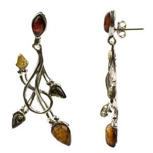  Sterling Silver Multi color Amber Floral Earrings: Jewelry