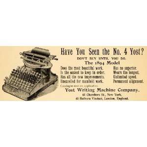  1895 Ad Yost Writing Machines No. 4 Model Typewriters 